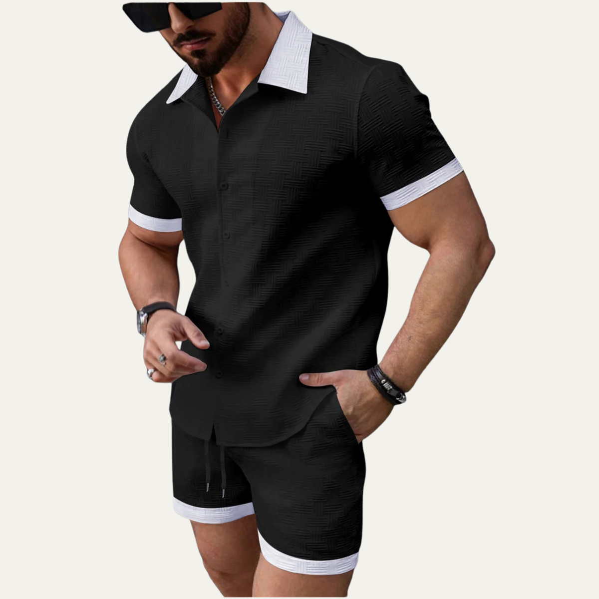 Ensemble deux pièces homme avec chemise à manches courtes à boutons et short avec taille élastique et cordon-Sets for Men-Gigié