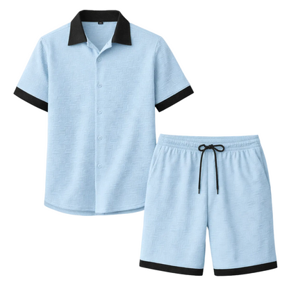Ensemble deux pièces homme avec chemise à manches courtes à boutons et short avec taille élastique et cordon-Sets for Men-Gigié