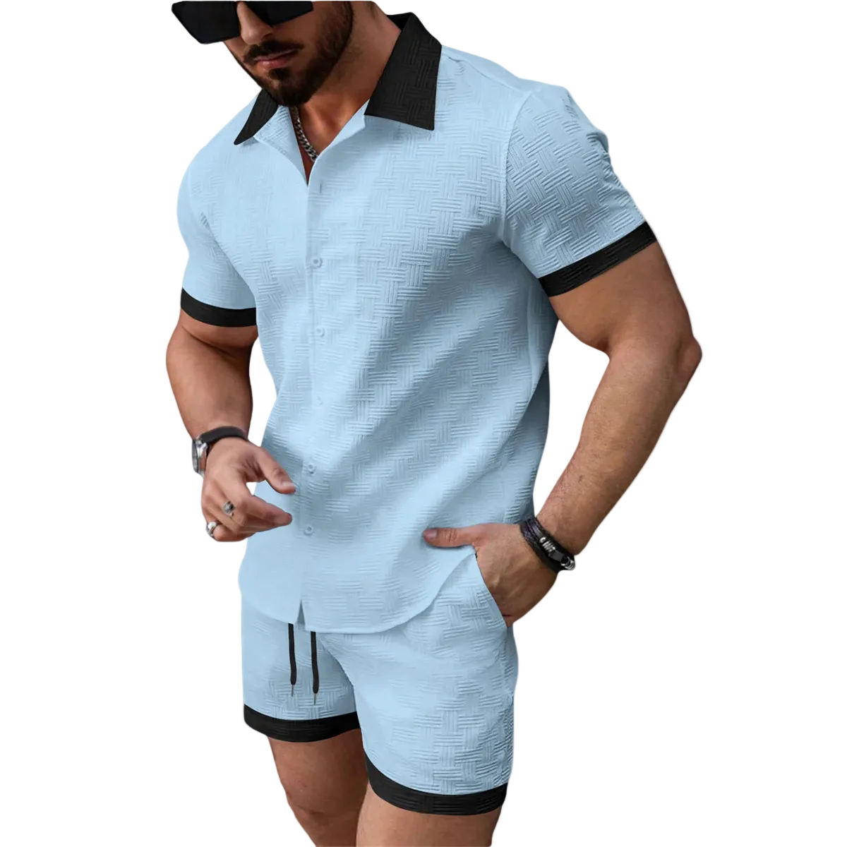 Ensemble deux pièces homme avec chemise à manches courtes à boutons et short avec taille élastique et cordon-Sets for Men-Gigié