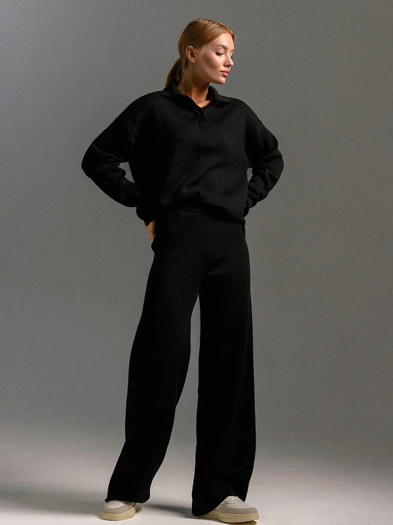 Ensemble Maille Femme Pull Col V & Pantalon Large Élégant-Gigié
