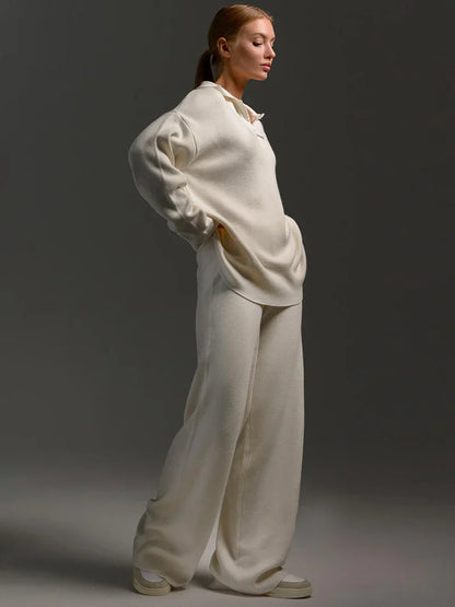 Ensemble Maille Femme Pull Col V & Pantalon Large Élégant-Gigié