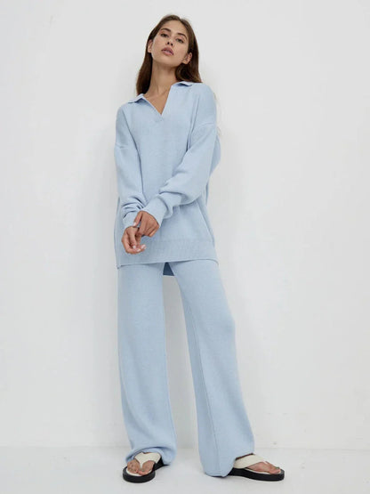 Ensemble Maille Femme Pull Col V & Pantalon Large Élégant-Gigié