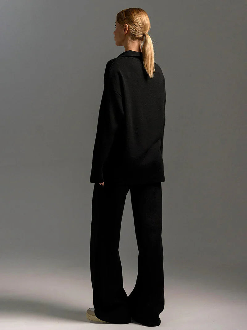 Ensemble Maille Femme Pull Col V & Pantalon Large Élégant-Gigié