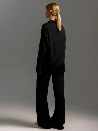 Ensemble Maille Femme Pull Col V & Pantalon Large Élégant-Gigié