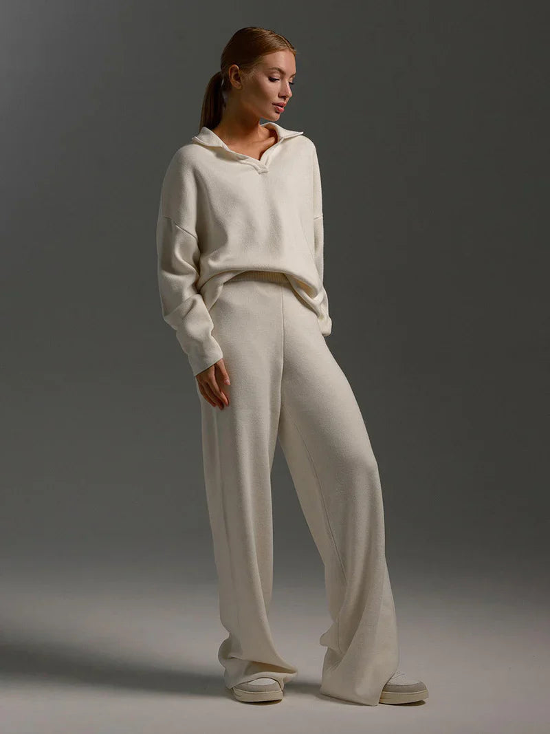 Ensemble Maille Femme Pull Col V & Pantalon Large Élégant-Gigié