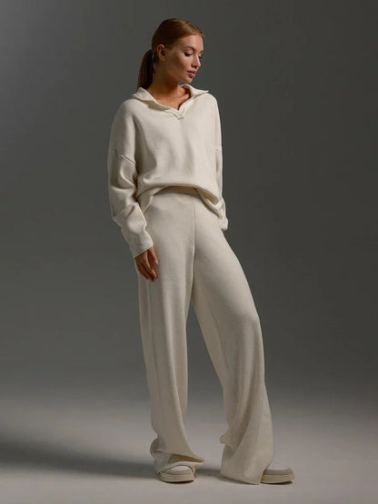 Ensemble Maille Femme Pull Col V & Pantalon Large Élégant-Gigié