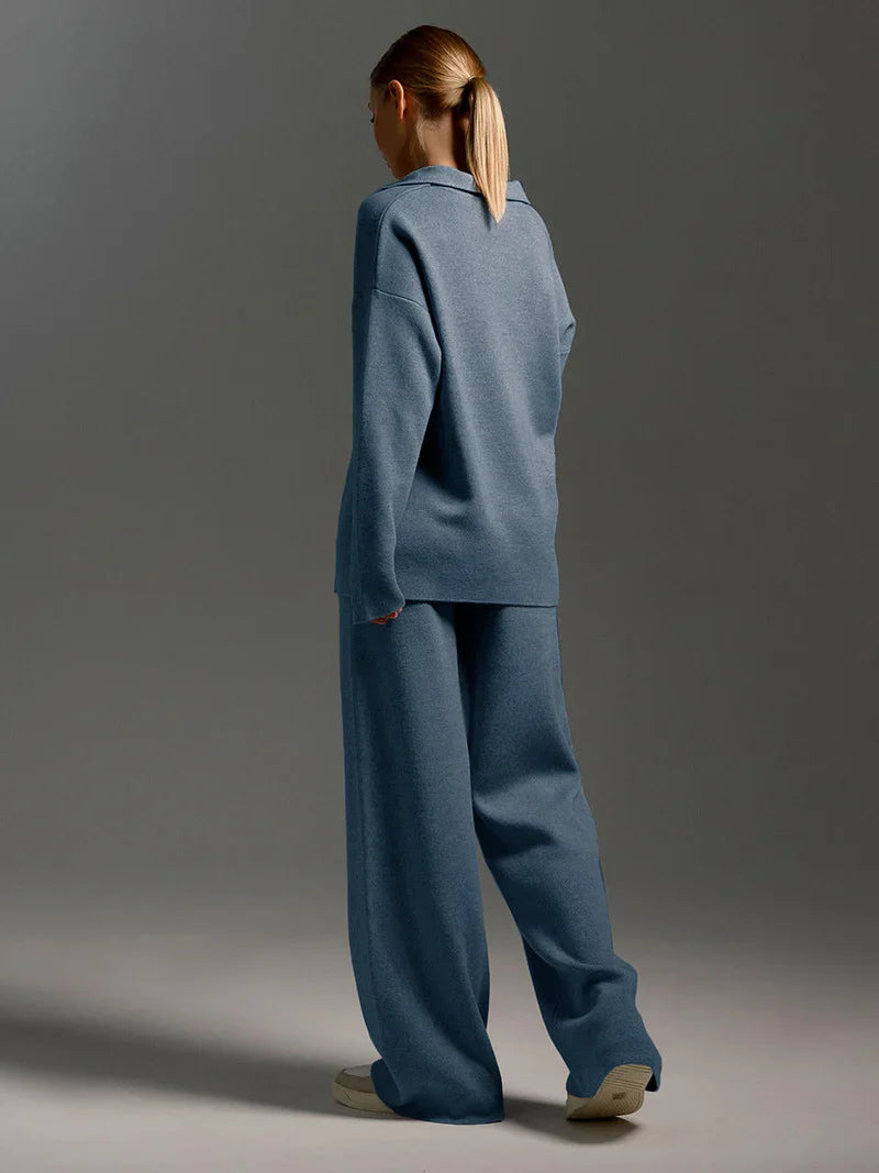 Ensemble Maille Femme Pull Col V & Pantalon Large Élégant-Gigié