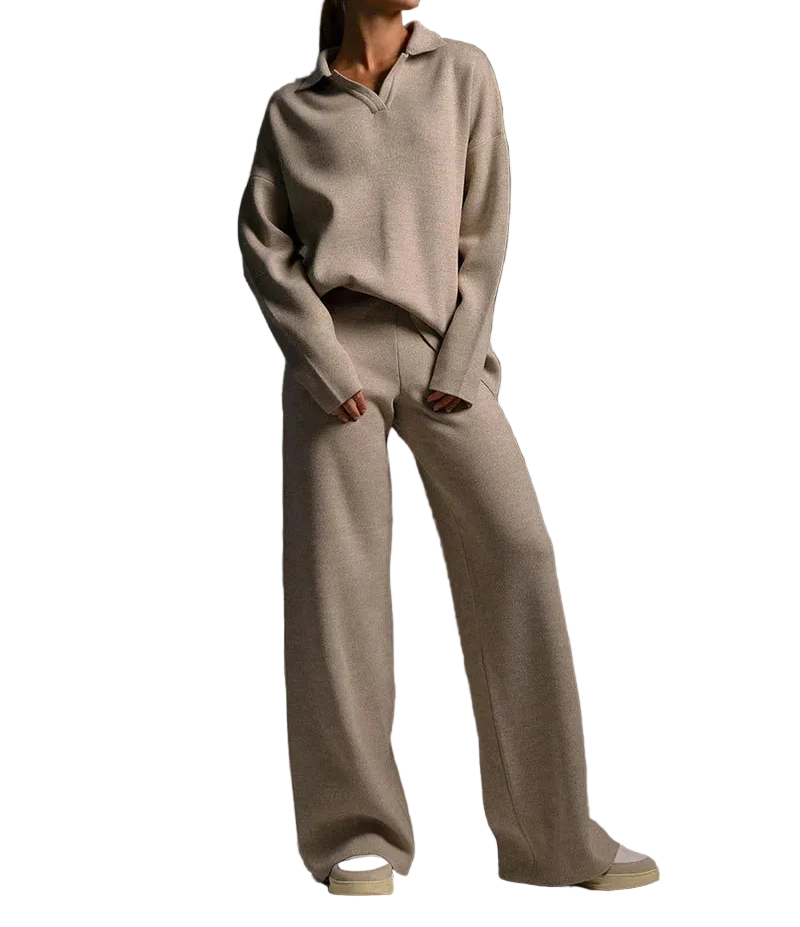 Ensemble Maille Femme Pull Col V & Pantalon Large Élégant-Gigié