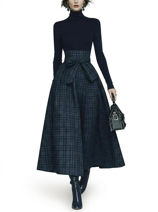 Ensemble haut à col roulé et jupe longue à carreaux pour femme 1