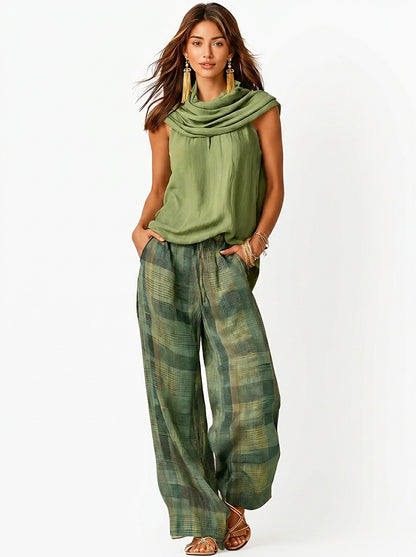 Ensemble haut sans manches à col bénitier et pantalon large à carreaux pour femme 1