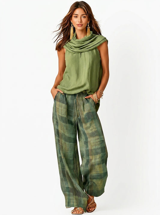 Ensemble haut sans manches à col bénitier et pantalon large à carreaux pour femme 1