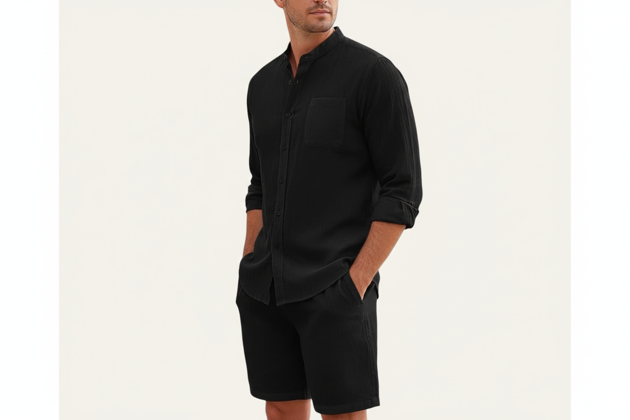 Ensemble homme avec chemise à col montant et short à taille élastique-Sets for Men-Gigié