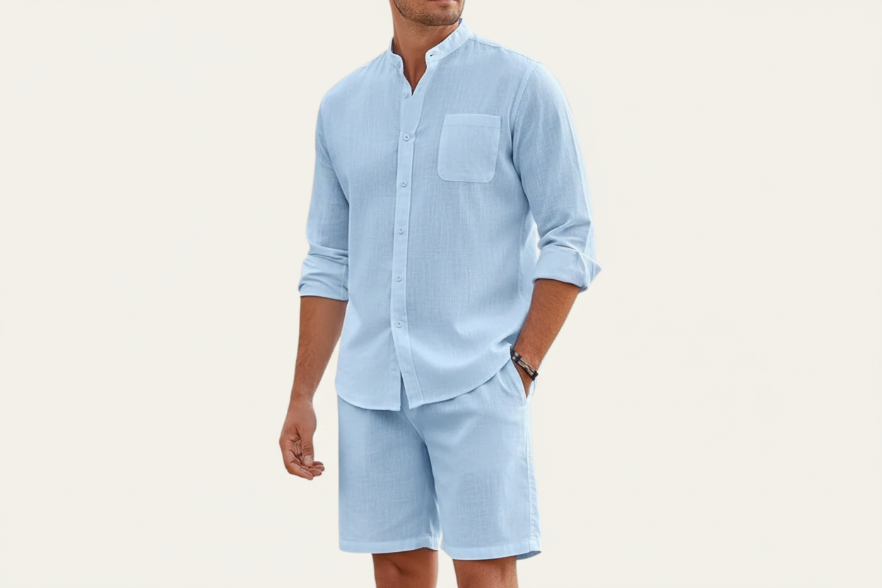 Ensemble homme avec chemise à col montant et short à taille élastique-Sets for Men-Gigié