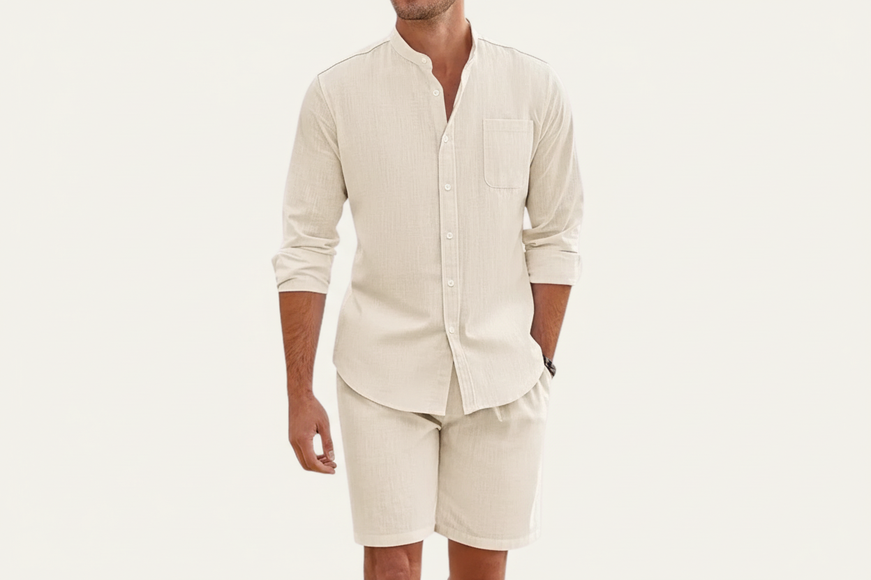 Ensemble homme avec chemise à col montant et short à taille élastique-Sets for Men-Gigié