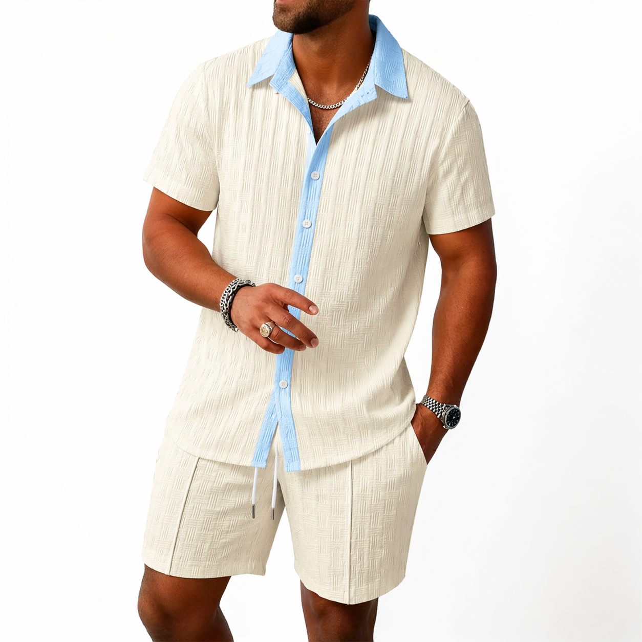 Ensemble homme avec chemise à manches courtes avec col et boutons et short avec taille élastique et cordon de serrage-Sets for Men-Gigié