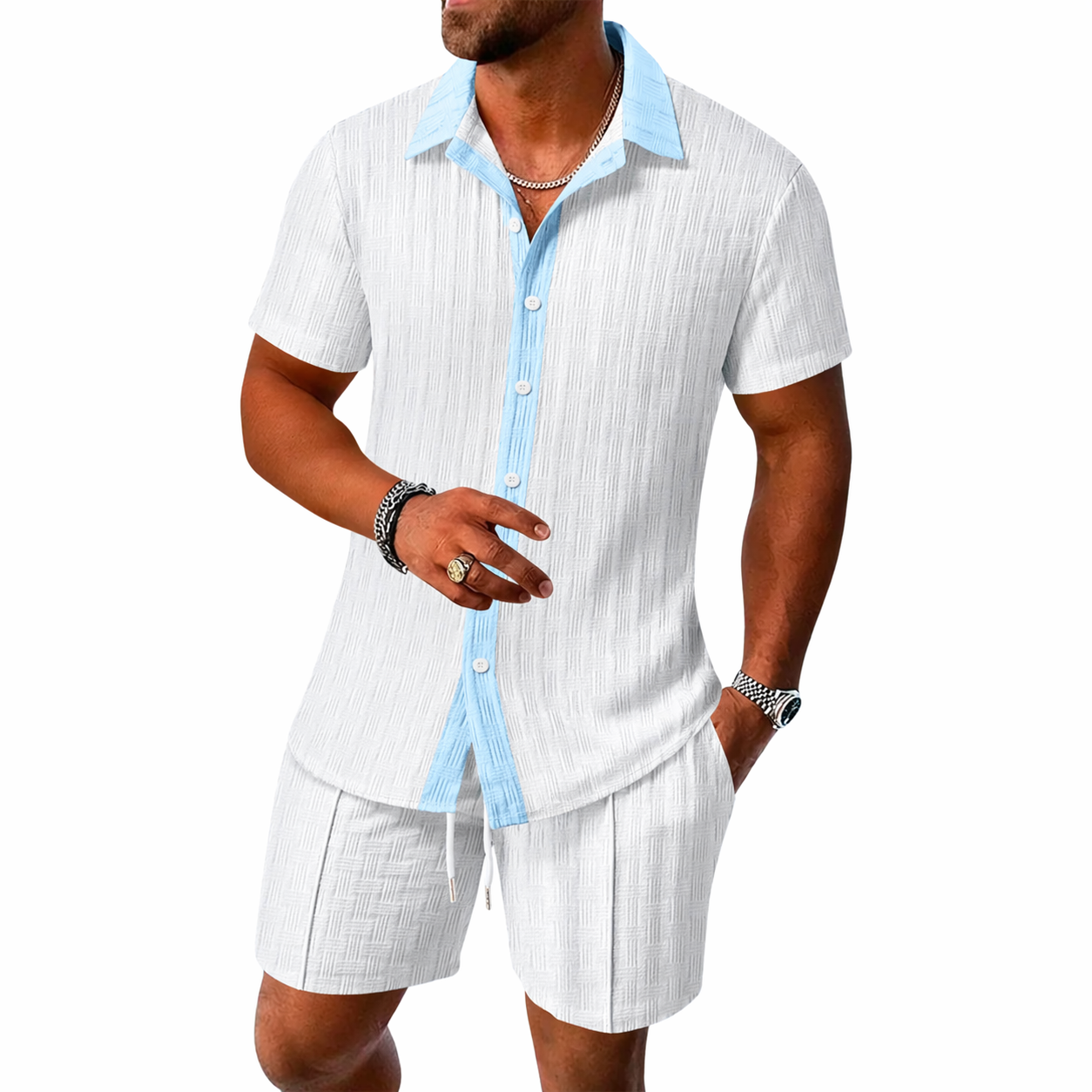 Ensemble homme avec chemise à manches courtes avec col et boutons et short avec taille élastique et cordon de serrage-Sets for Men-Gigié