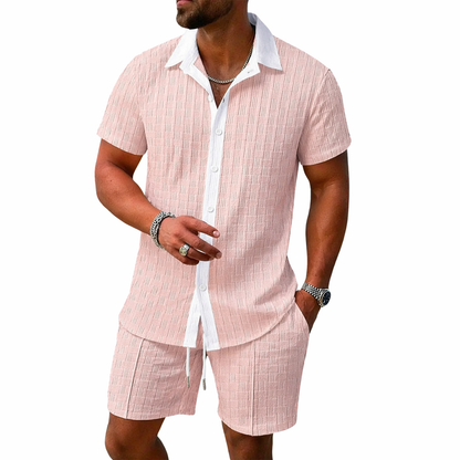 Ensemble homme avec chemise à manches courtes avec col et boutons et short avec taille élastique et cordon de serrage-Sets for Men-Gigié