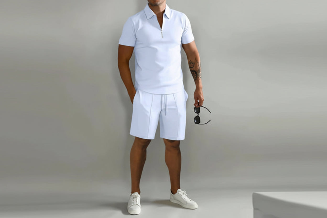 Ensemble Homme Deux Pièces Polo à Manches Courtes avec Fermeture Zippée et Short-Sets for Men-Gigié