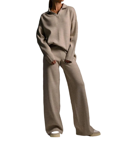 Ensemble Maille Femme Pull Col V & Pantalon Large Élégant-Gigié
