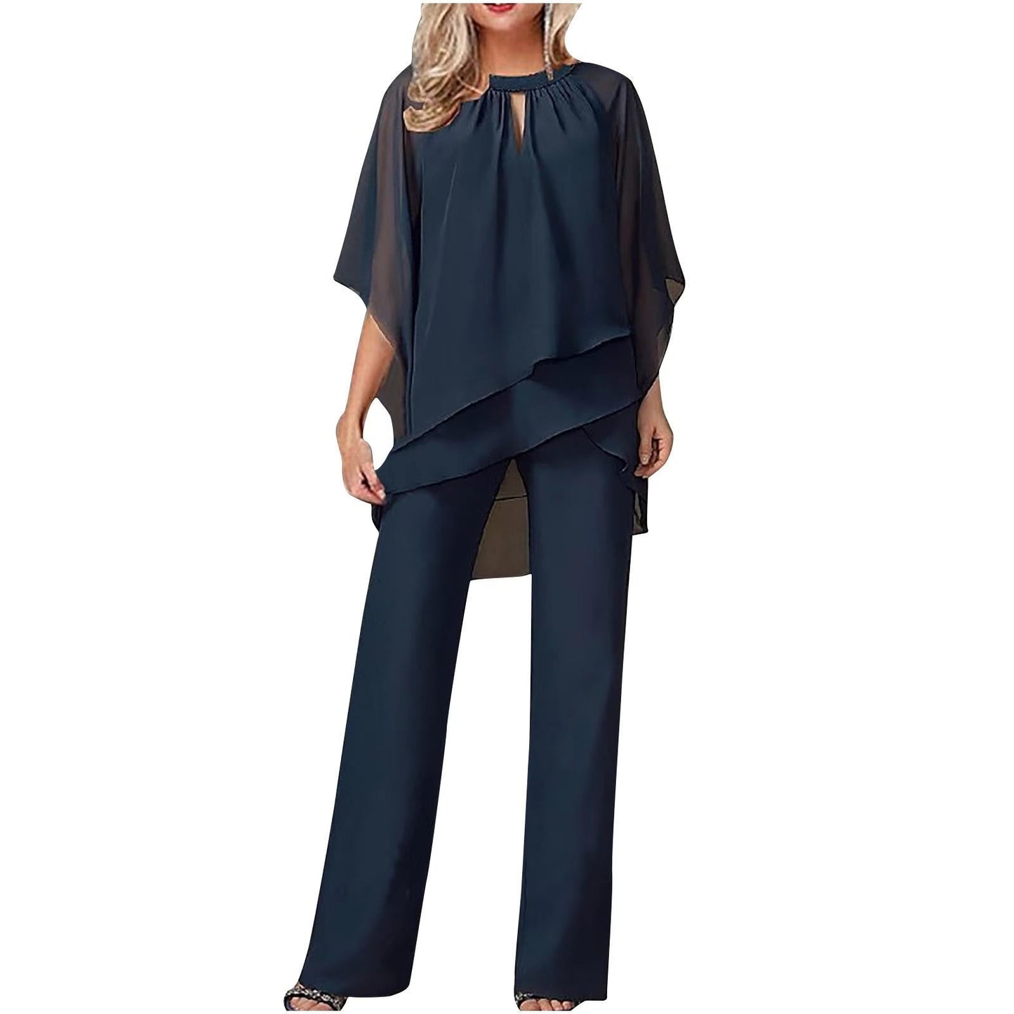 Ensemble pantalon et haut en mousseline à manches chauve-souris pour femme 1