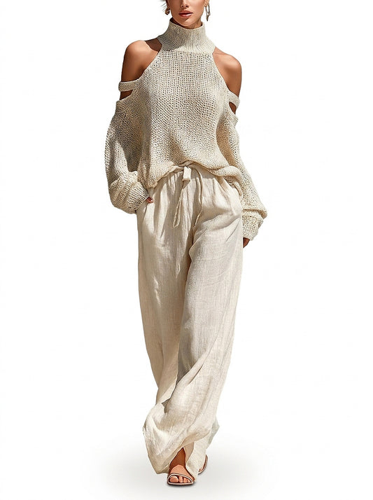 Ensemble pull en maille à épaules dénudées et pantalon large pour femme 1