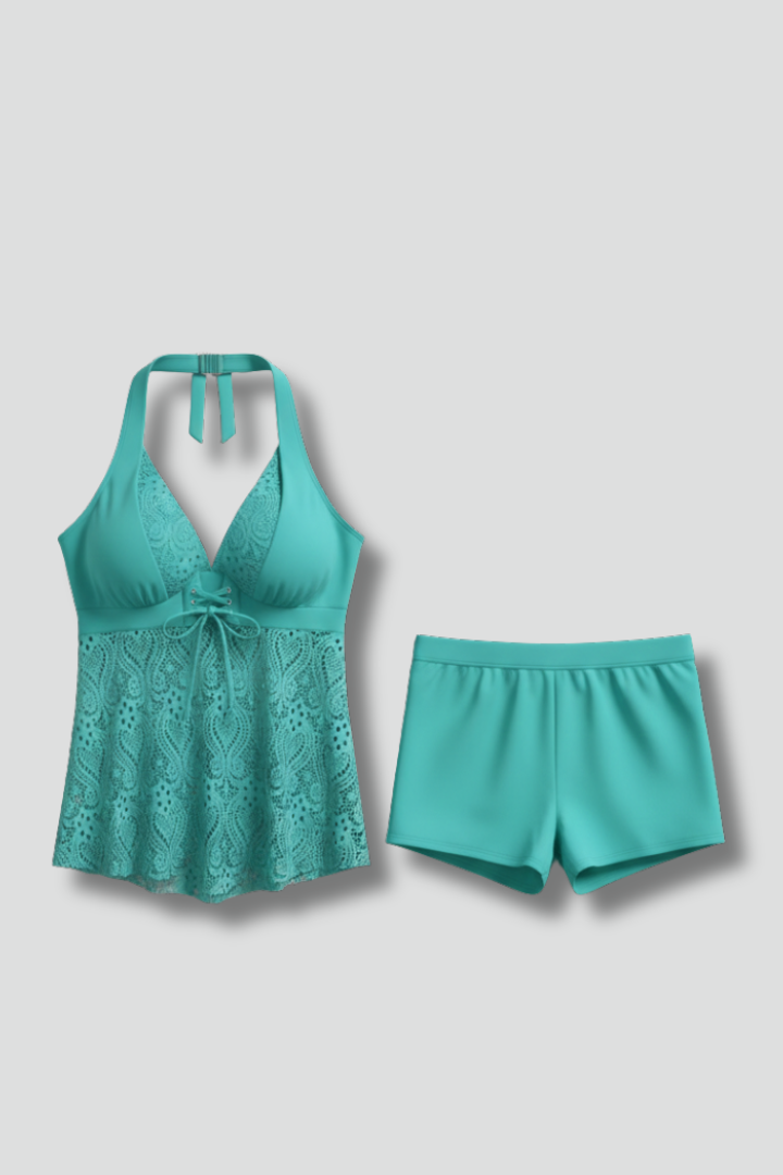 Ensemble tankini femme avec bretelles tour de cou et partie en dentelle-Women swimwear-Gigié