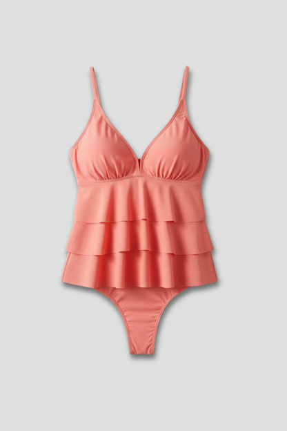 Ensemble tankini femme avec encolure en V et partie frontale à volants étagés-Women swimwear-Gigié