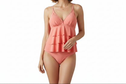 Ensemble tankini femme avec encolure en V et partie frontale à volants étagés-Women swimwear-Gigié