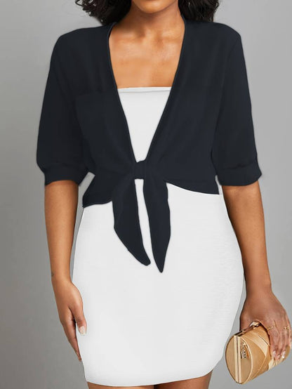 Blouse courte transparente à nouer sur le devant avec manches courtes pour femme