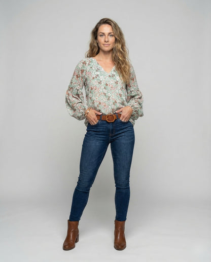 Femme Blouse à encolure en V avec motif floral et manches longues-Blouse for women-Gigié