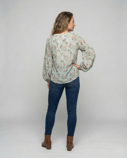 Femme Blouse à encolure en V avec motif floral et manches longues-Blouse for women-Gigié