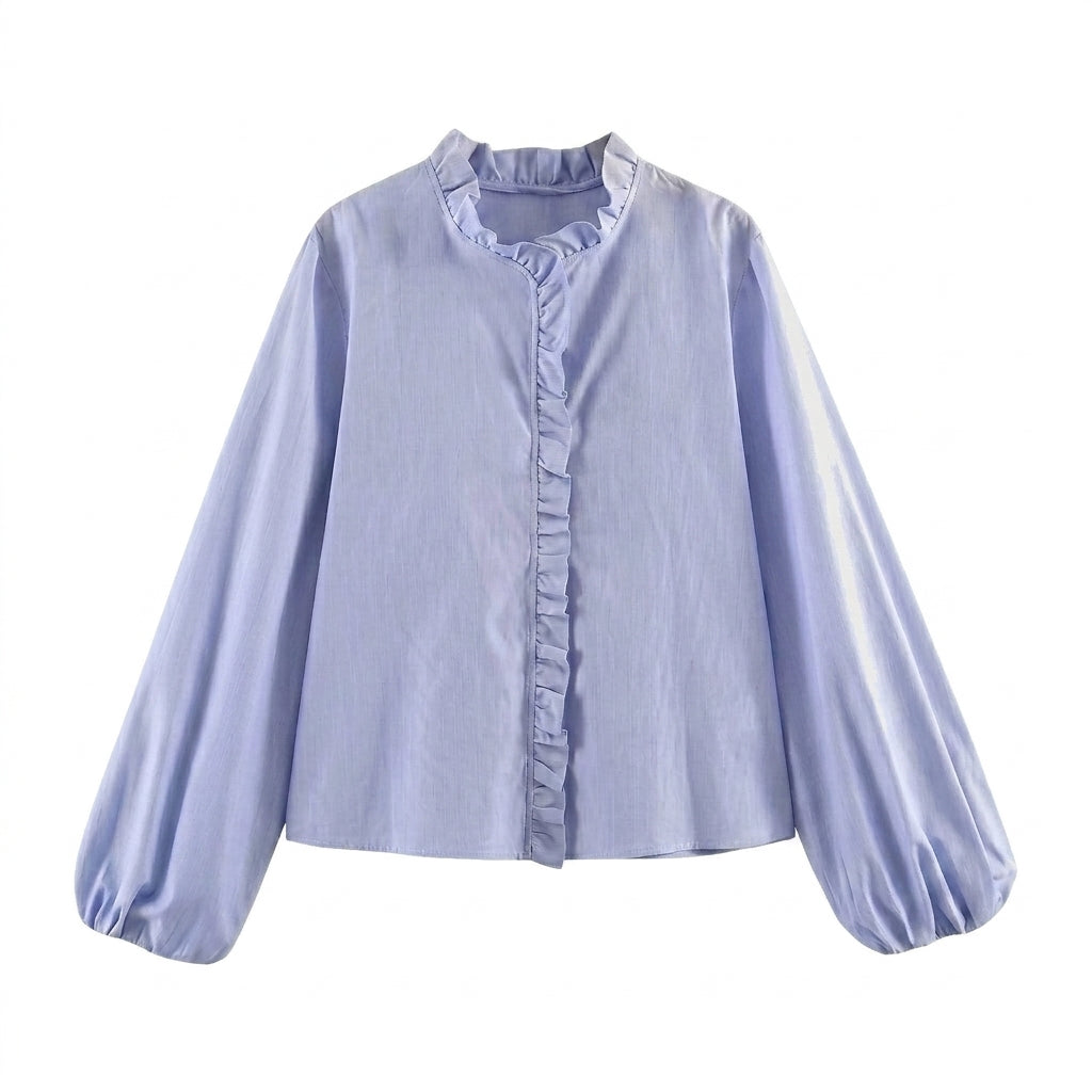 Blouse Women Loose Fit Long Sleeve Ruffle Detail Design Light blue