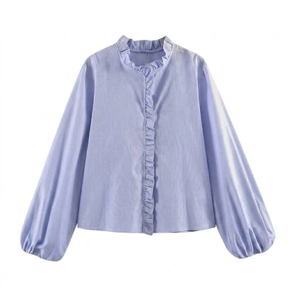 Blouse Women Loose Fit Long Sleeve Ruffle Detail Design Light blue