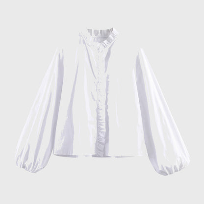 Blouse Women Loose Fit Long Sleeve Ruffle Detail Design White