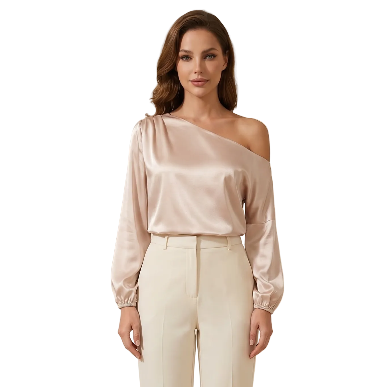 Blouse Women One Shoulder Balloon Sleeve Asymmetrical Beige