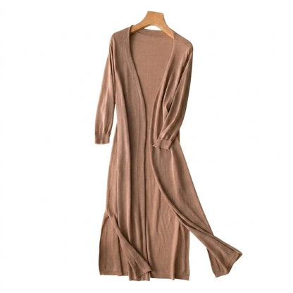 Femme Gilet Long en Maille Fine à Manches Trois-Quarts et Fentes Latérales Marron