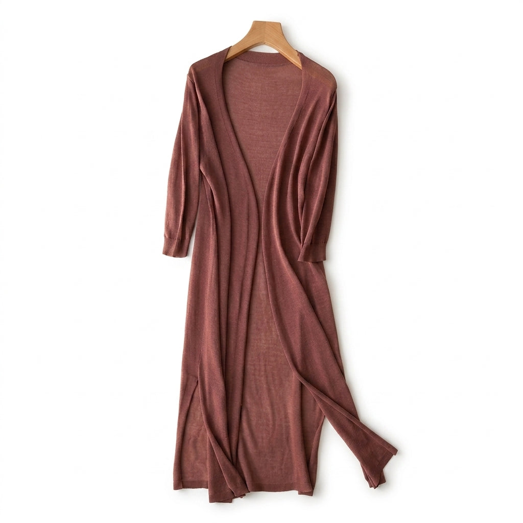 Femme Gilet Long en Maille Fine à Manches Trois-Quarts et Fentes Latérales Marron Châtaigne