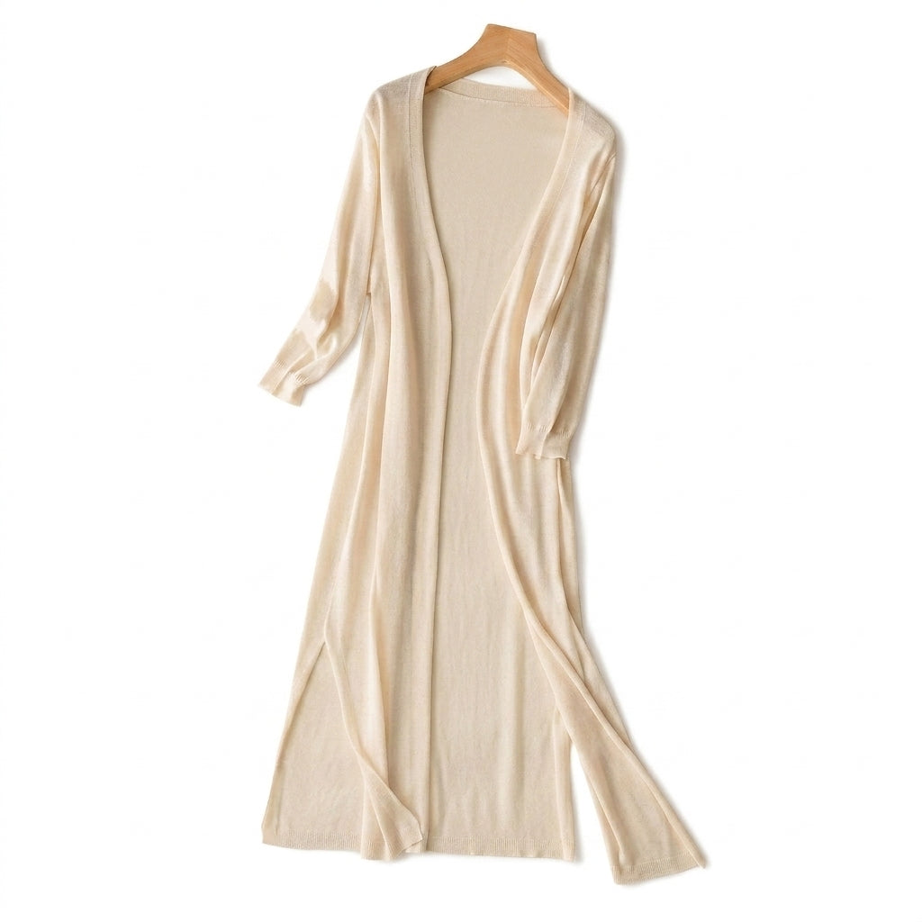 Femme Gilet Long en Maille Fine à Manches Trois-Quarts et Fentes Latérales Beige