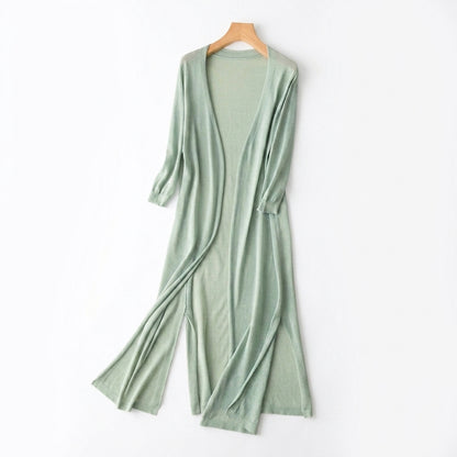 Femme Gilet Long en Maille Fine à Manches Trois-Quarts et Fentes Latérales Vert