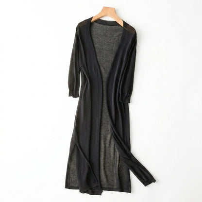 Femme Gilet Long en Maille Fine à Manches Trois-Quarts et Fentes Latérales Noir