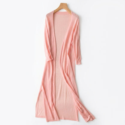 Femme Gilet Long en Maille Fine à Manches Trois-Quarts et Fentes Latérales Rose
