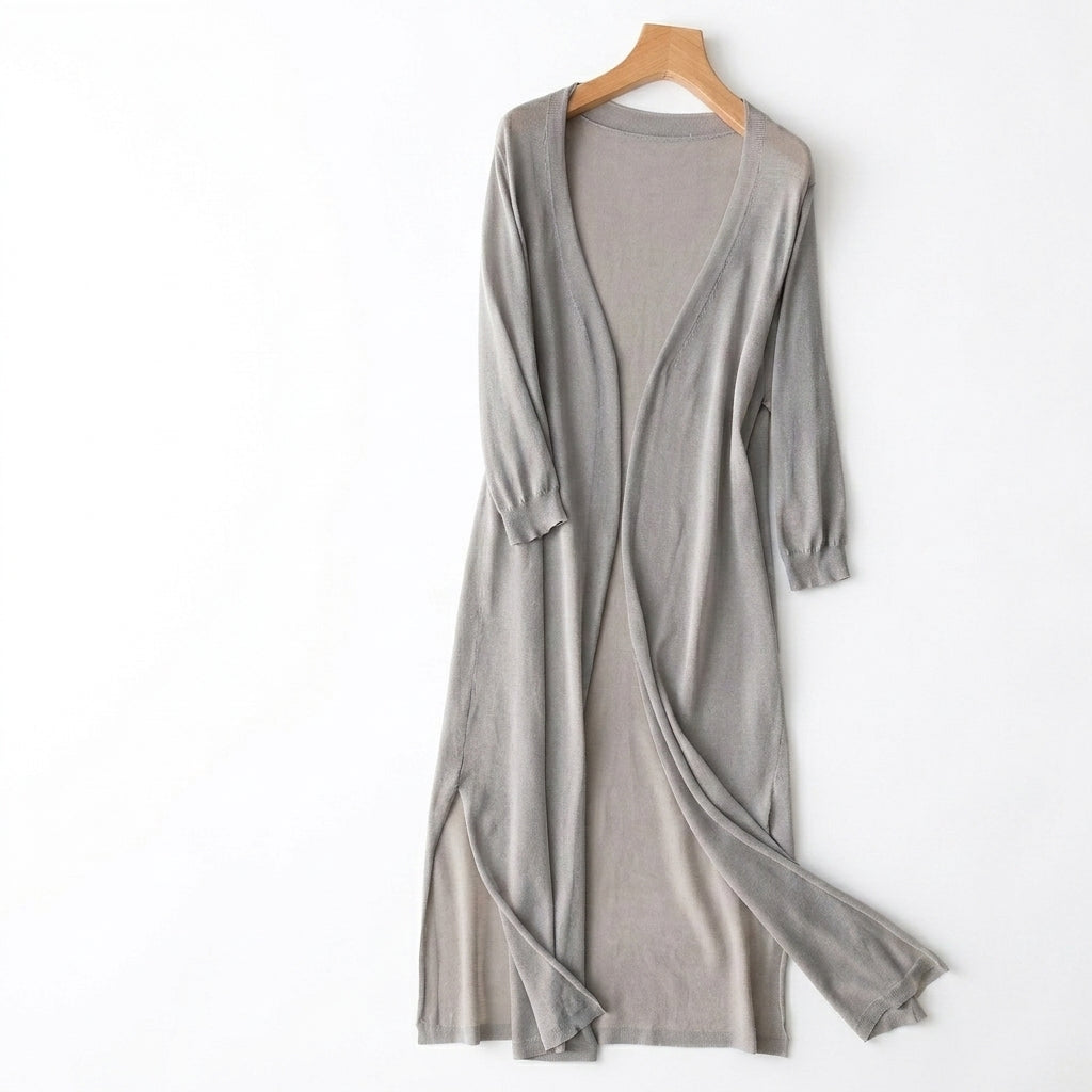Femme Gilet Long en Maille Fine à Manches Trois-Quarts et Fentes Latérales Gris