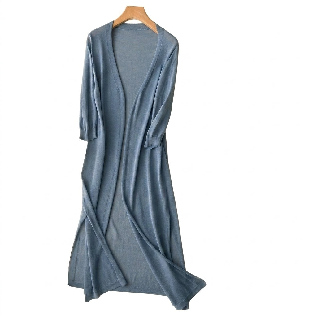 Femme Gilet Long en Maille Fine à Manches Trois-Quarts et Fentes Latérales Bleu