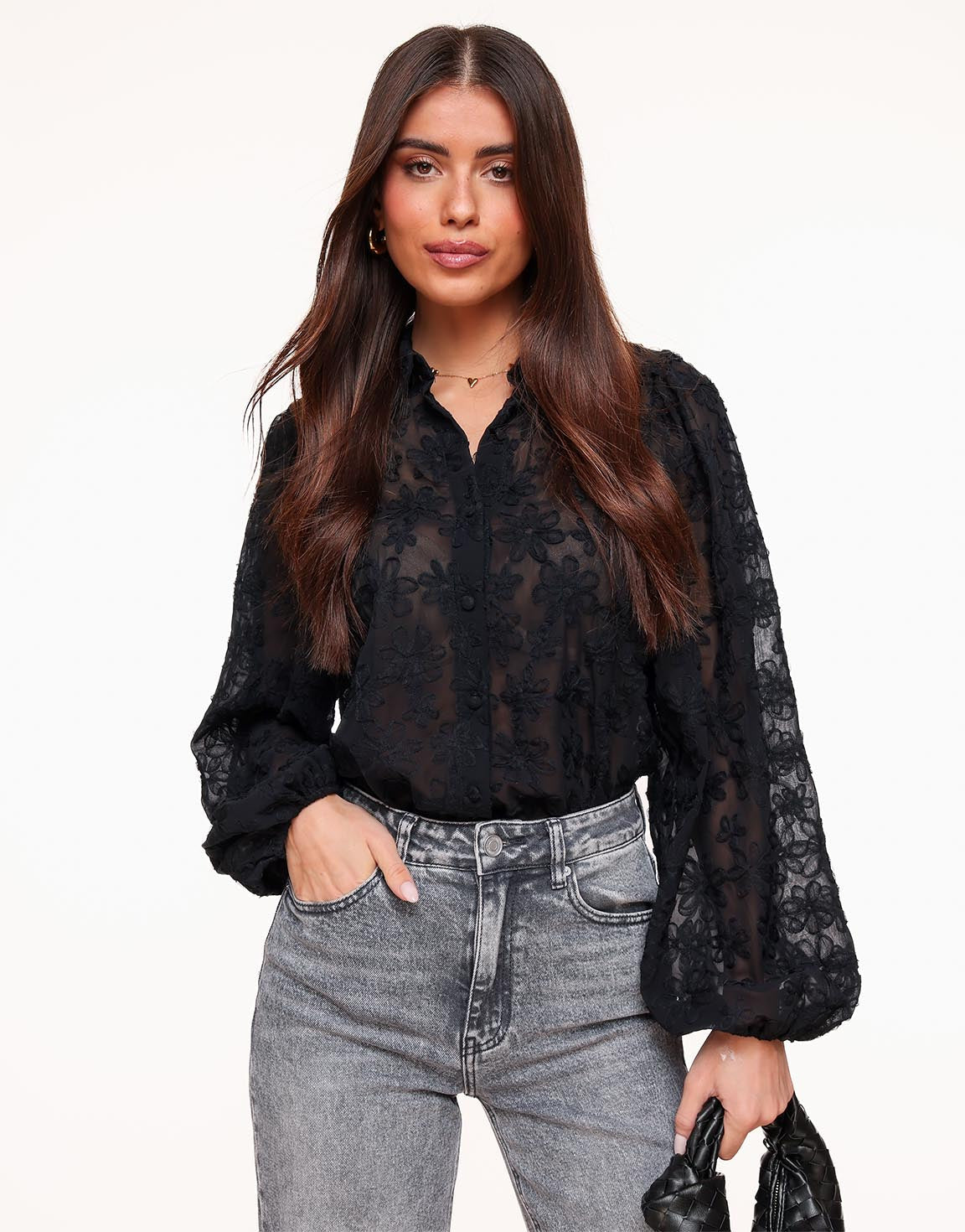Blouse Women Loose Fit Sheer Floral Embroidered Pattern 1