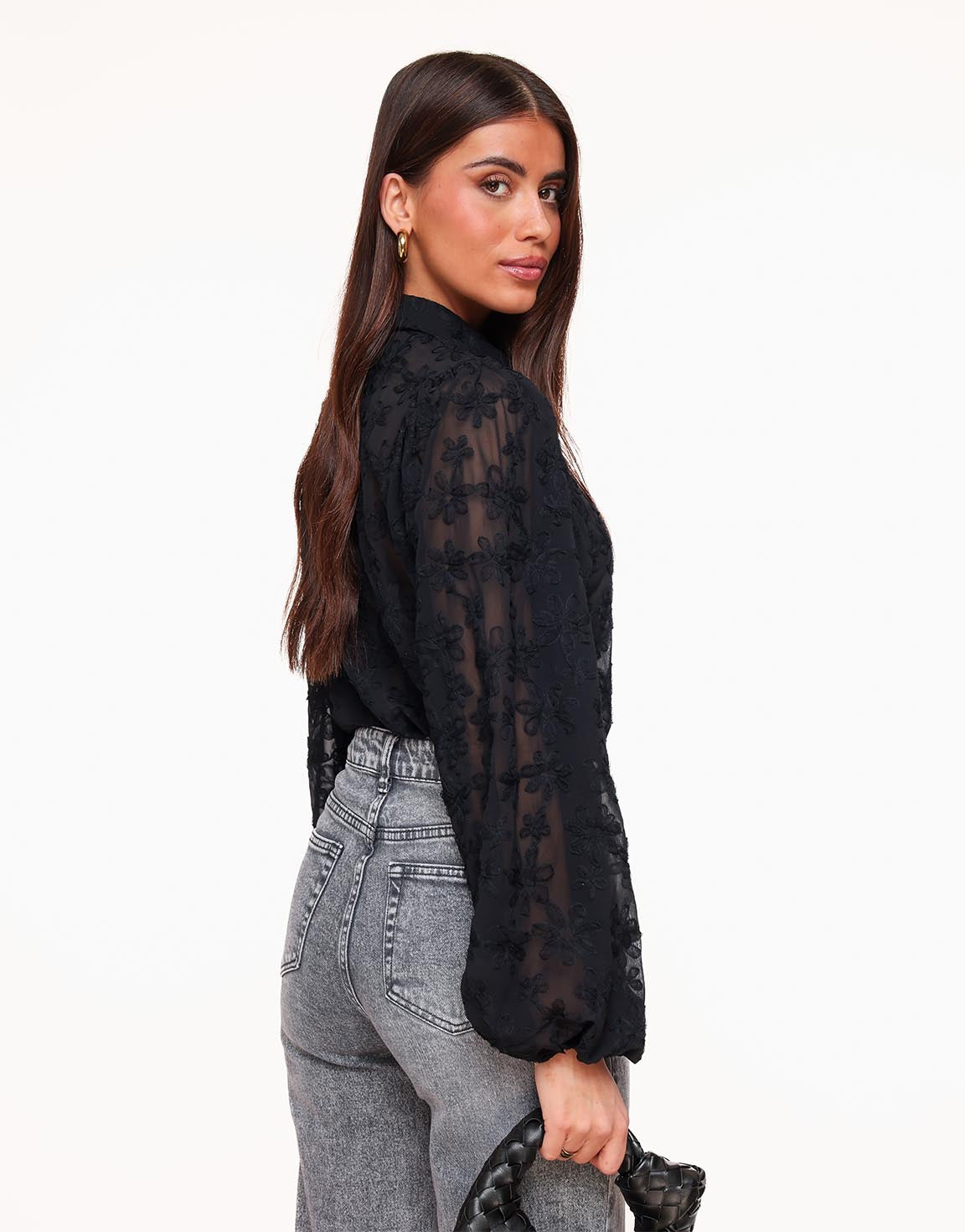 Blouse Women Loose Fit Sheer Floral Embroidered Pattern 2