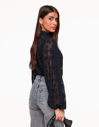 Blouse Women Loose Fit Sheer Floral Embroidered Pattern 2