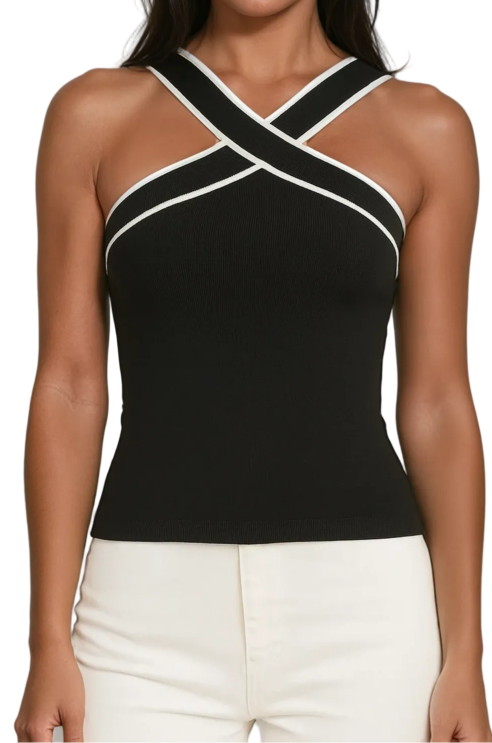 Femme Débardeur à Encolure Licou Croisée et Bordure Contrastée-Tops for women-Gigié