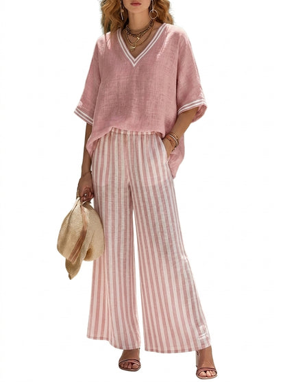 Femme - Ensemble avec haut à col en V et pantalon large à rayures | imported-image-2