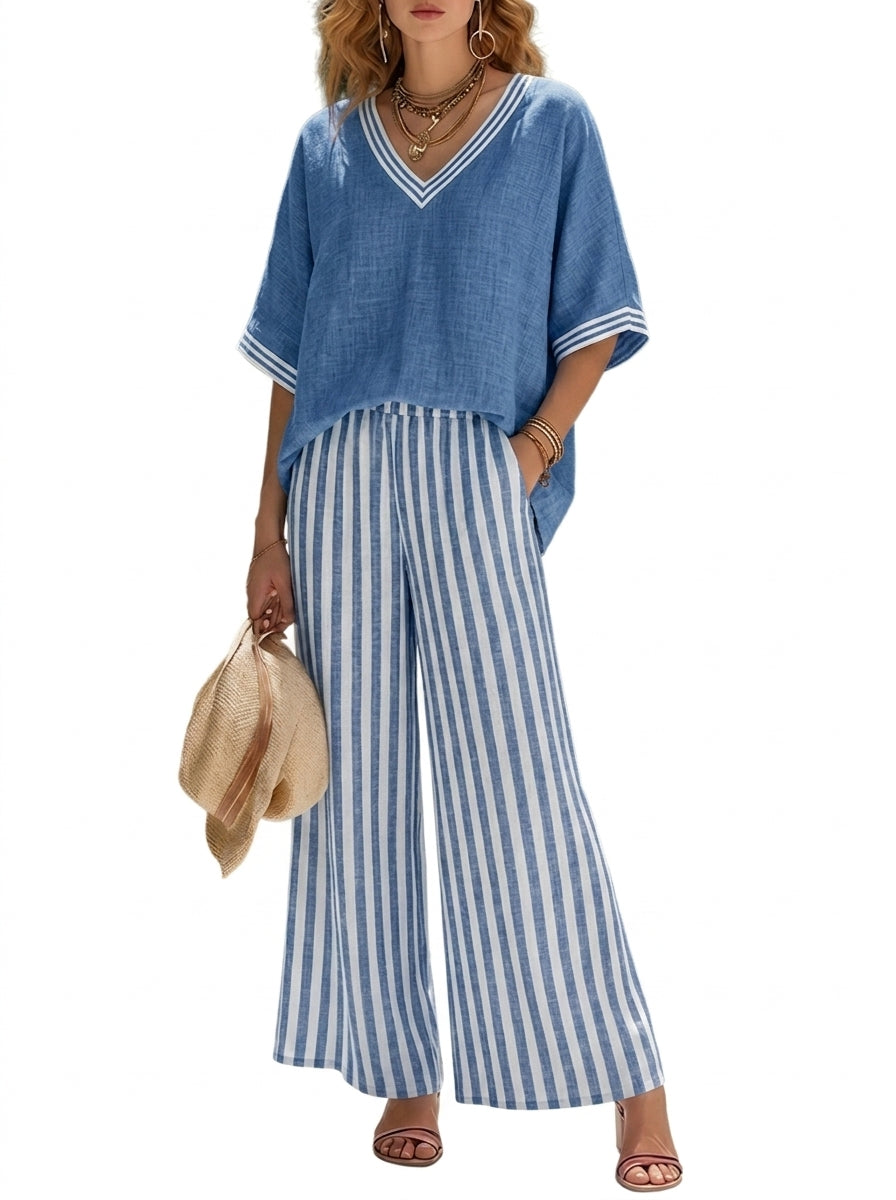 Femme - Ensemble avec haut à col en V et pantalon large à rayures | imported-image-3