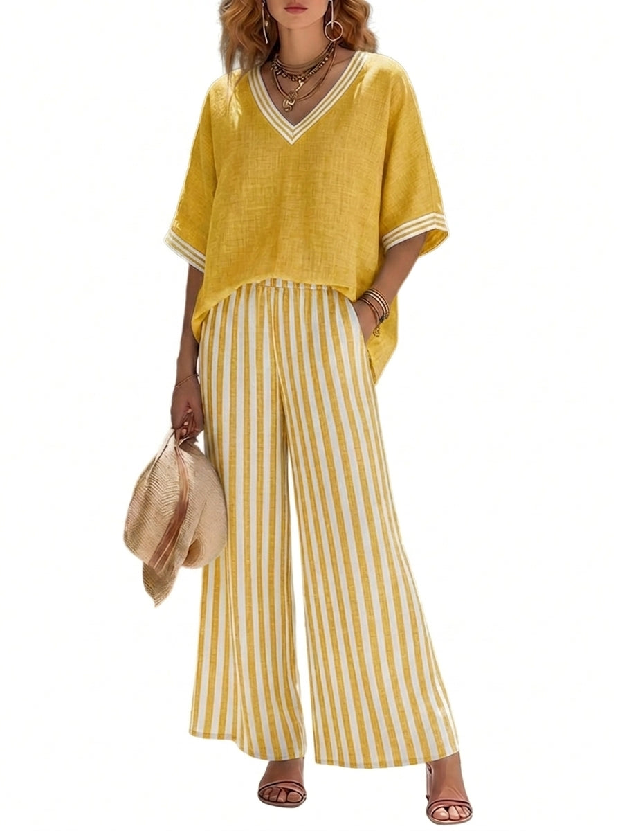 Femme - Ensemble avec haut à col en V et pantalon large à rayures | imported-image-4